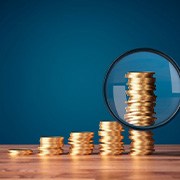 Stacks of coins examined with magnifying glass