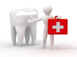 Blank white figurine person holding an emergency kit and gesturing to a model tooth